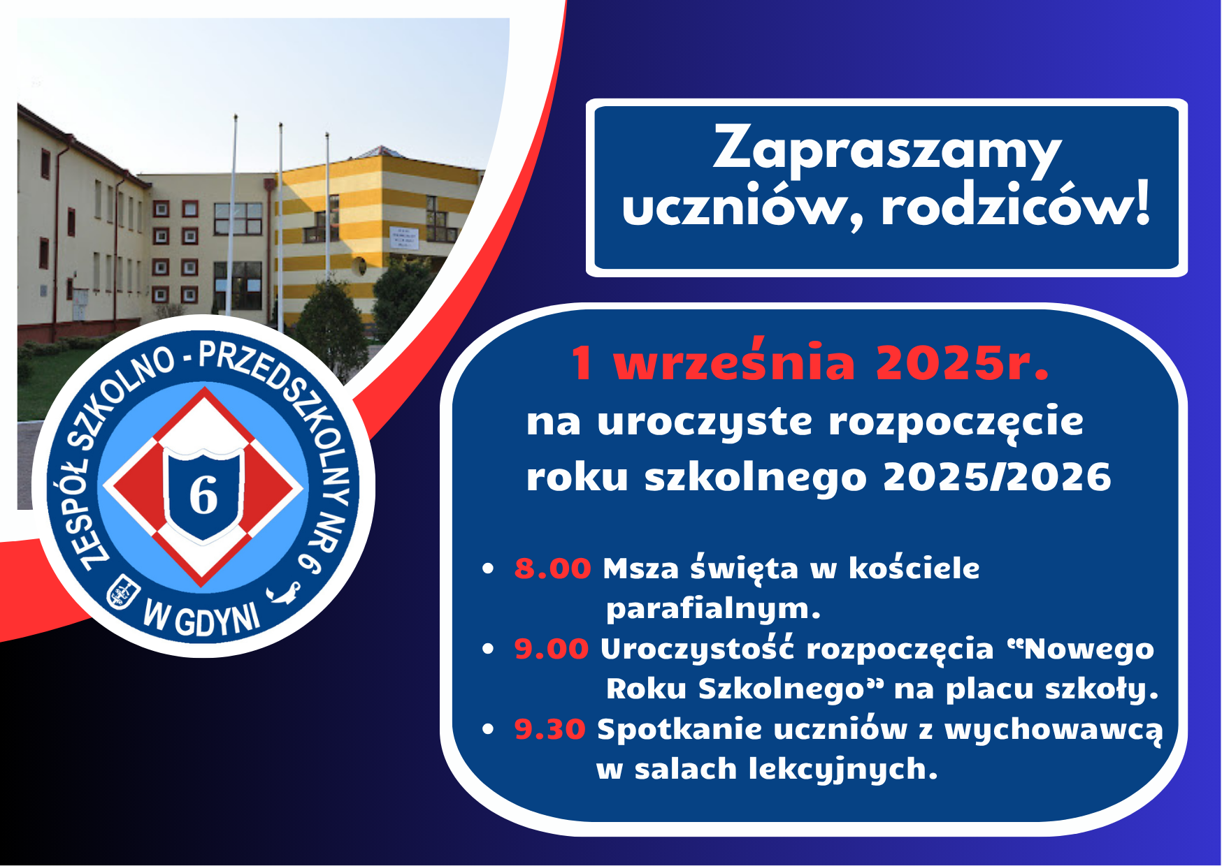 Serdecznie zapraszamy uczniów i rodziców na uroczyste rozpoczęcie roku szkolnego 2025/2026